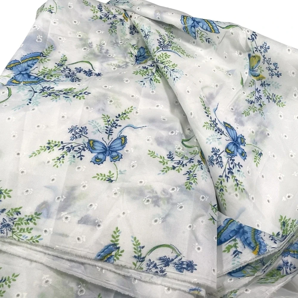 7 Yards White Blue Butterfly Floral Eyelet Sheer Fabric Panels Cottagecore DIY‎